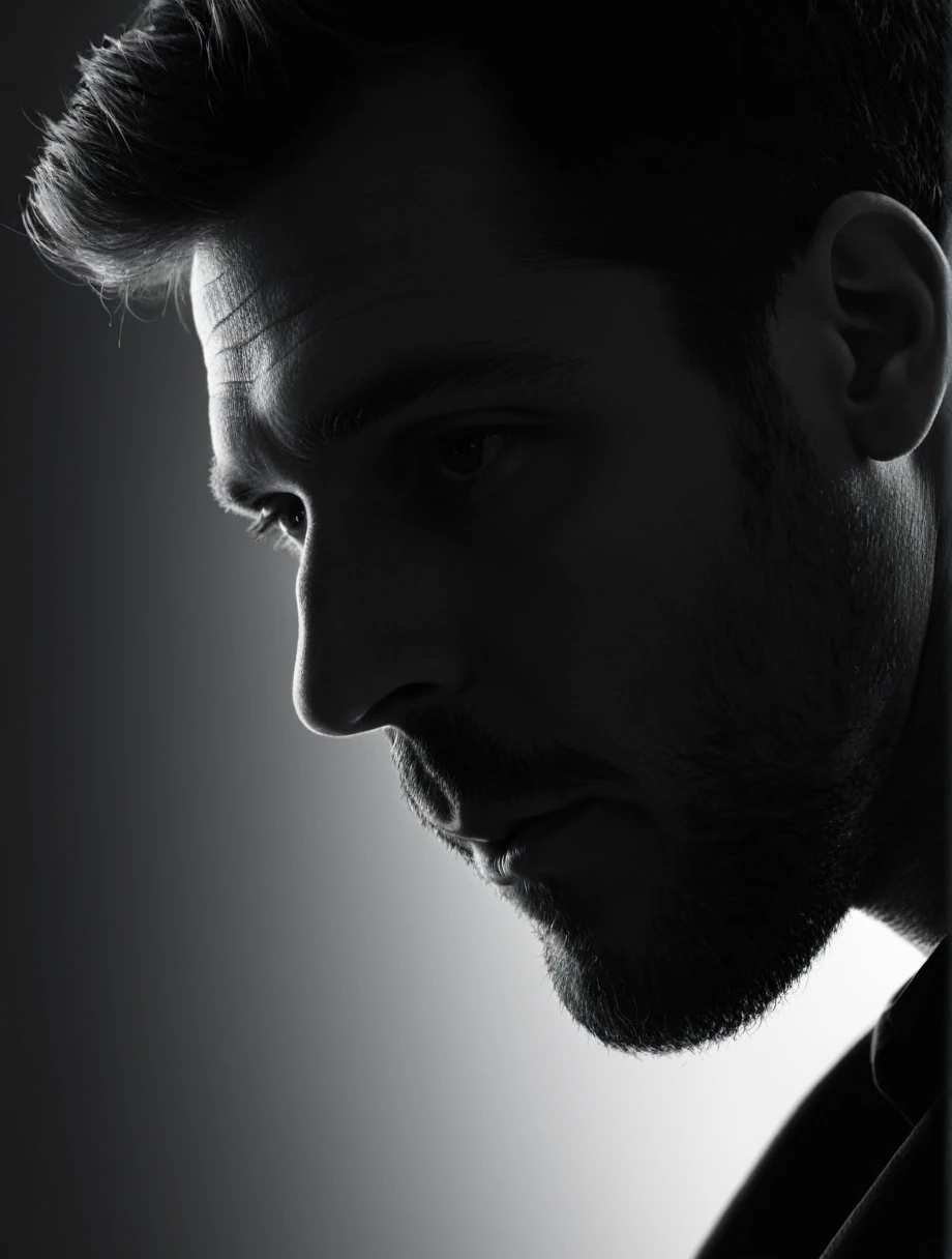 (black and white art photography:1.4), close up professional photograph, Man thinking silhouette