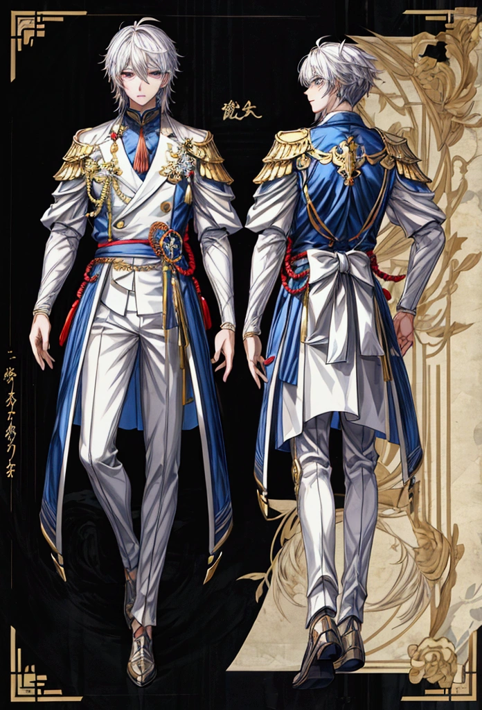 ((masterpiece, Highest quality)), male, maleの子, Detailed face, Character design sheet, Full Body, Full of details, Front view, Back view, Very detailed, depth, Many parts, Muscle maleの子 with white hair,Handsome, Scholar's outfit, 背の高いmale性