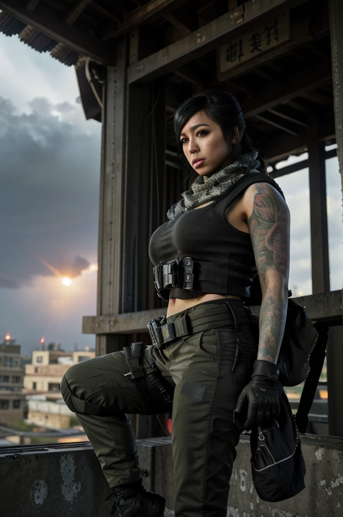 (masterpiece, best quality:1.2),  mara (call of duty), 1girl, solo, black hair, gloves, scarf, tattoo, military, breasts, holster, pants, load bearing vest, umbrella, cloud, sky, sunlight, light rays, architecture, outdoors, sunbeam, cloudy sky, east asian architecture, day, blurry, scenery, torii