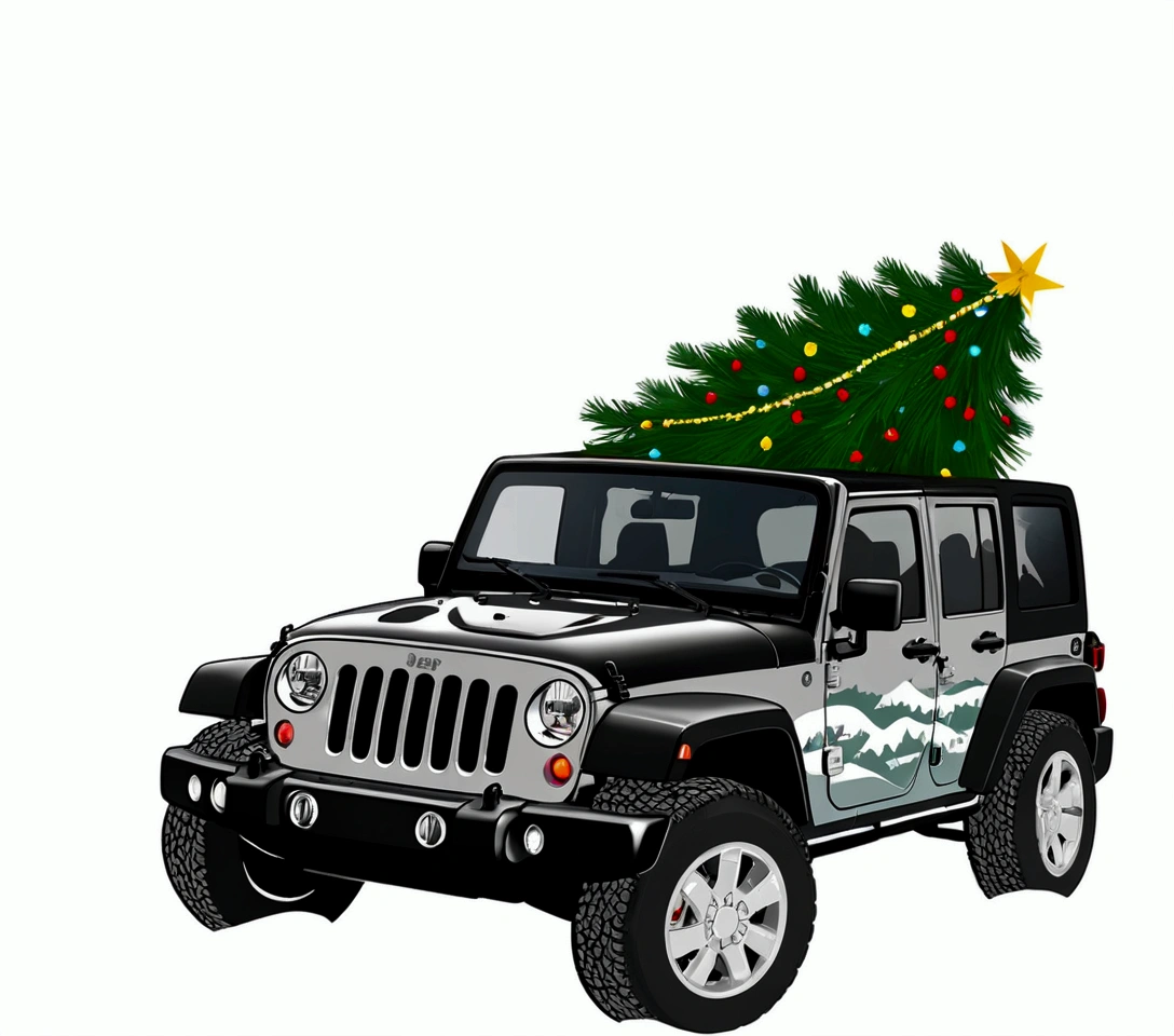 a close up of a jeep with a christmas tree on top, jeep in background, Full Vehicle, jeep wrangler, holiday, a car, With roof rack, jeep, full view of a car, speedtree, 3 pm, author:Joe Bowler, Oversaturation, Ha ha, Vehicle illustration, Car Jump, Road Trip, author:Jan Konůpek