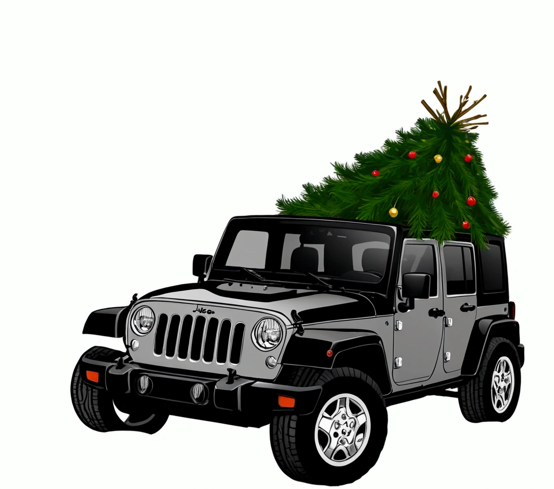 a close up of a jeep with a christmas tree on top, jeep in background, Full Vehicle, jeep wrangler, holiday, a car, With roof rack, jeep, full view of a car, speedtree, 3 pm, author:Joe Bowler, Oversaturation, Ha ha, Vehicle illustration, Car Jump, Road Trip, author:Jan Konůpek