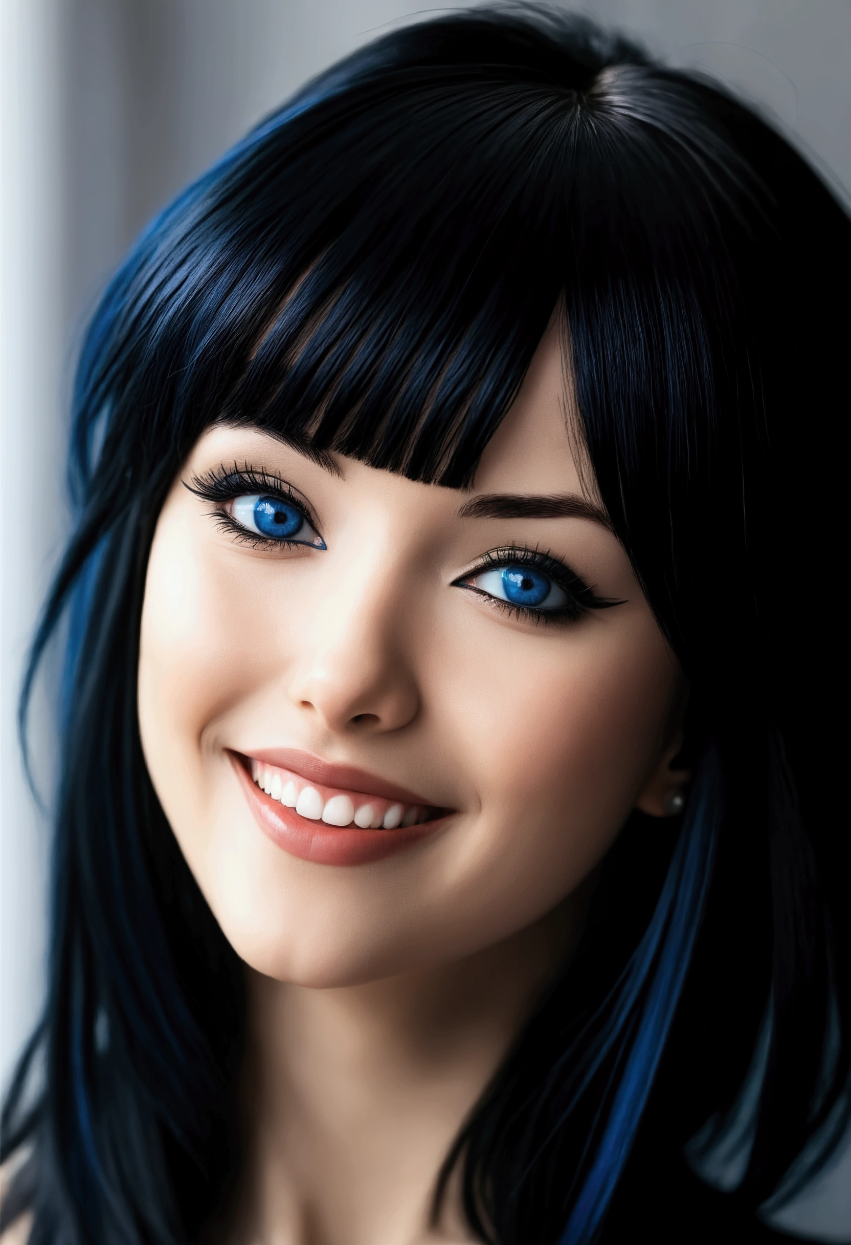 1girl, bellissima, black hair, blunt bangs, blue eyes, eyeliner, sexy smile