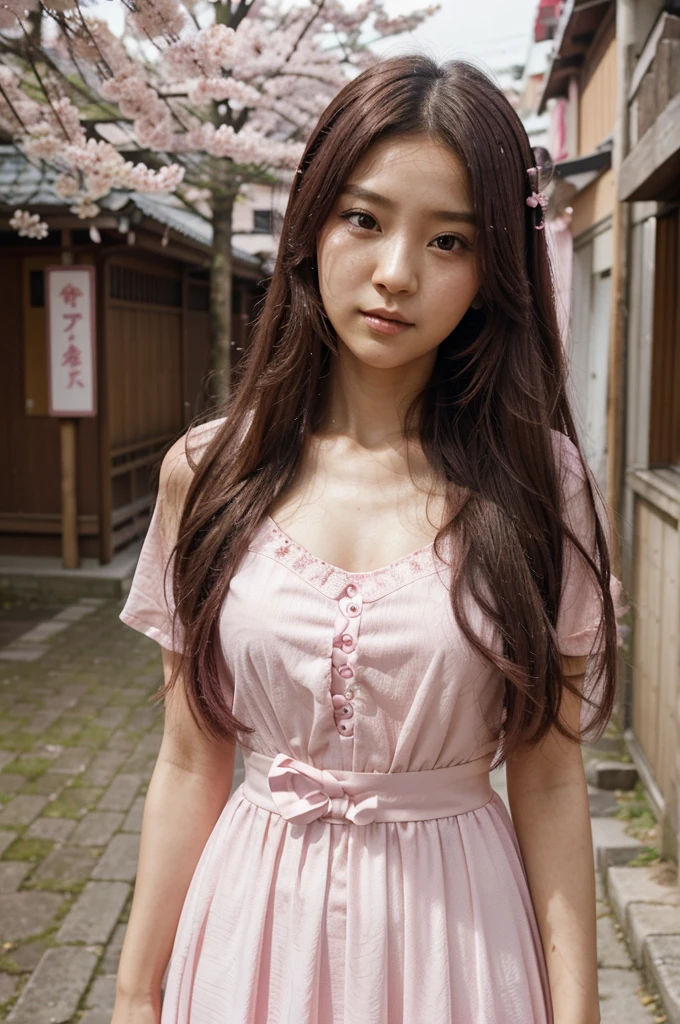 Background pink. Photoshoot. Pink dress. Survival Who's make it? Debut Rank 4. Himena Sakura. Calm, beautiful, long wavy hair, japan. She's main dancer, lead rapper.