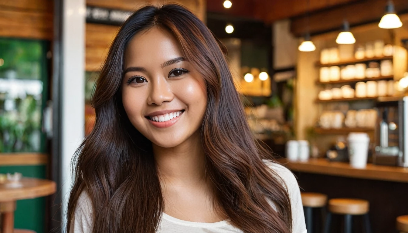 wide shot. Illustrate a photo-realistic image of a slender, Hispanic-Filipina woman, 27 years old, she has a flirtatious smile on her average-looking facial features. She has long, waist-length thick hair and tanned brown skin. :: she is standing in a coffee shop in the Philippines. She sports a small, casual skirt. :: captured with a photographic quality and bokeh effect using a 2.8 aperture depth of field. The image should vividly capture her facial expressions and hair details in a medium shot composition.