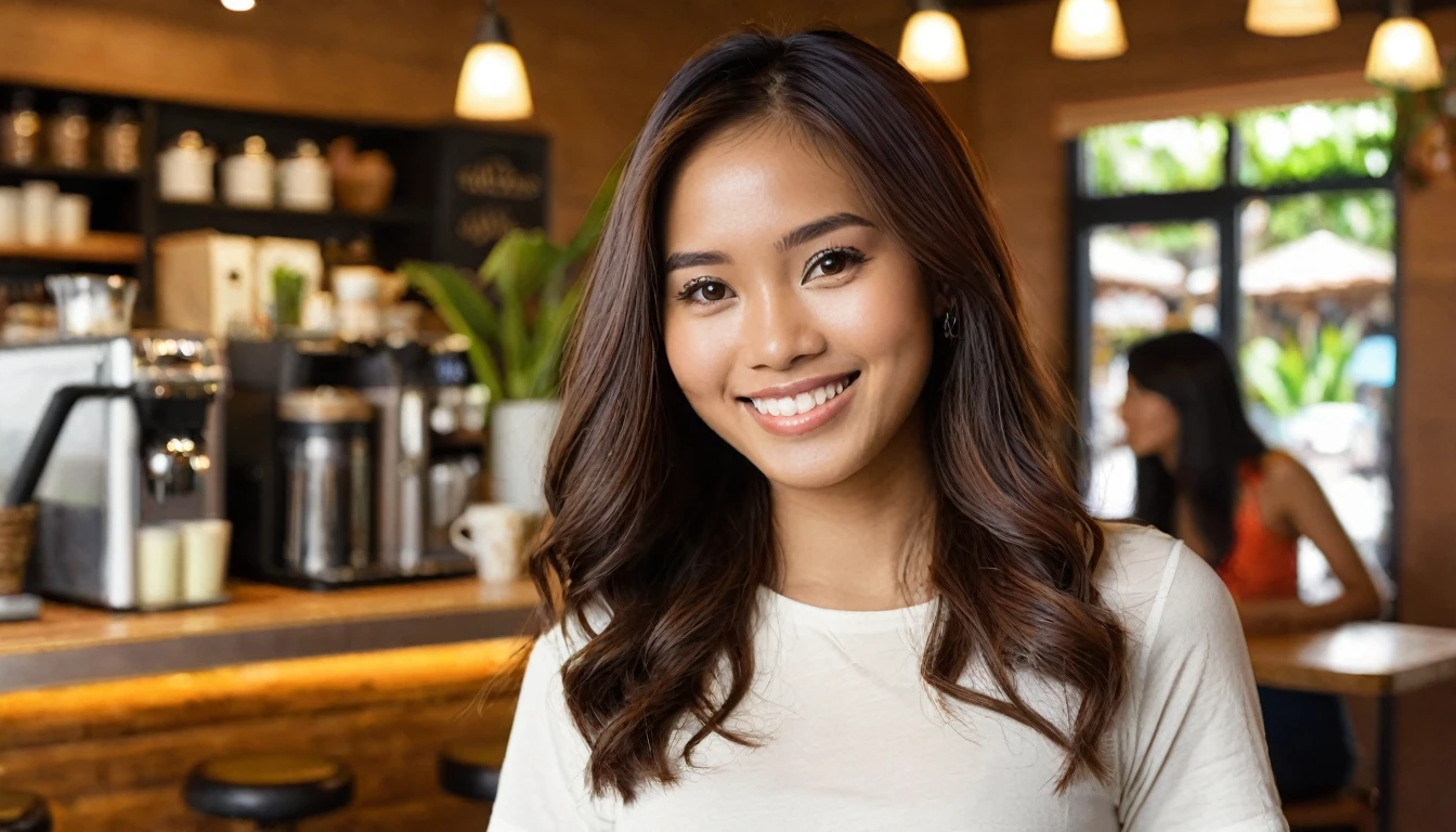 wide shot. Illustrate a photo-realistic image of a slender, Hispanic-Filipina woman, 27 years old, she has a flirtatious smile on her average-looking facial features. She has long, waist-length thick hair and tanned brown skin. :: she is standing in a coffee shop in the Philippines. She sports a small, casual skirt. :: captured with a photographic quality and bokeh effect using a 2.8 aperture depth of field. The image should vividly capture her facial expressions and hair details in a medium shot composition.