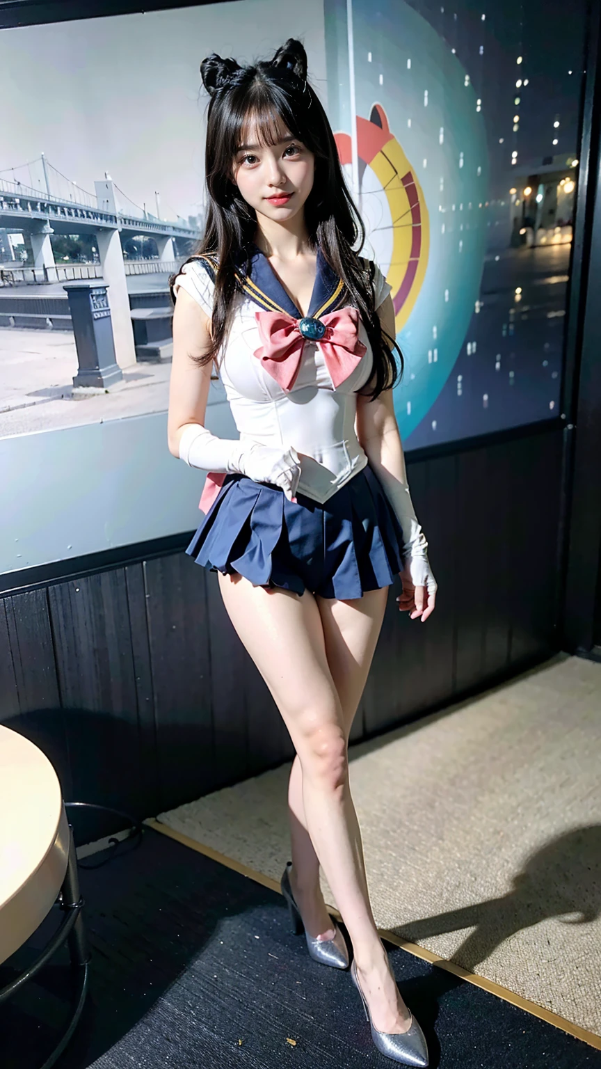 (8k、RAW Photos、highest quality、masterpiece:1.2)、(Realistic、Realistic)、1 girl、((Sailor Moon Costume:1.3)、Large Breasts,Full body from the front))、Lots of eyelashes、Glowing eyelids、(((skeletally correct)))、smile、This photo will awaken boys to sex、(((Standing and flipping up her skirt、Showing panties to the camera)))、(((Lifting the skirt higher and higher,、Show your panties to the camera)))