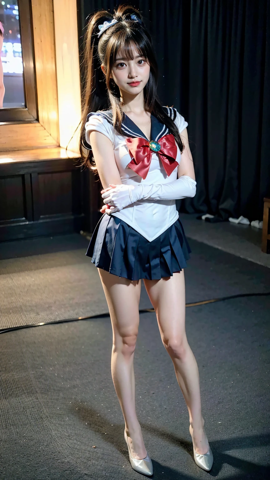 (8k、RAW Photos、Highest quality、masterpiece:1.2)、(Realistic、Realistic)、1 Girl、((Sailor Moon Costume:1.2、Thin legs、whole body、View from the front、smile、Looking into the camera))、cute