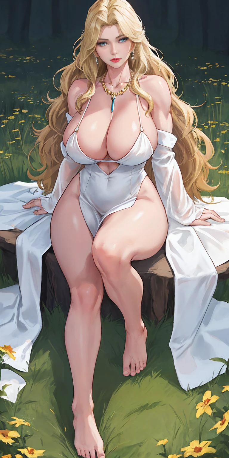 full body of blonde scandinavian goddess muscle tone full body, face of elsa hosk, huge breasts, white silk dress with deep cleavage, bare feet, amber necklace, light blue eyes, golden blonde wavy hair, red lips, seductive gaze, volumetric lighting, realistic, meadow background, thick thighs, muscular body, jewelry, realistic, raw, analog, woman, photorealistic, analog, realism