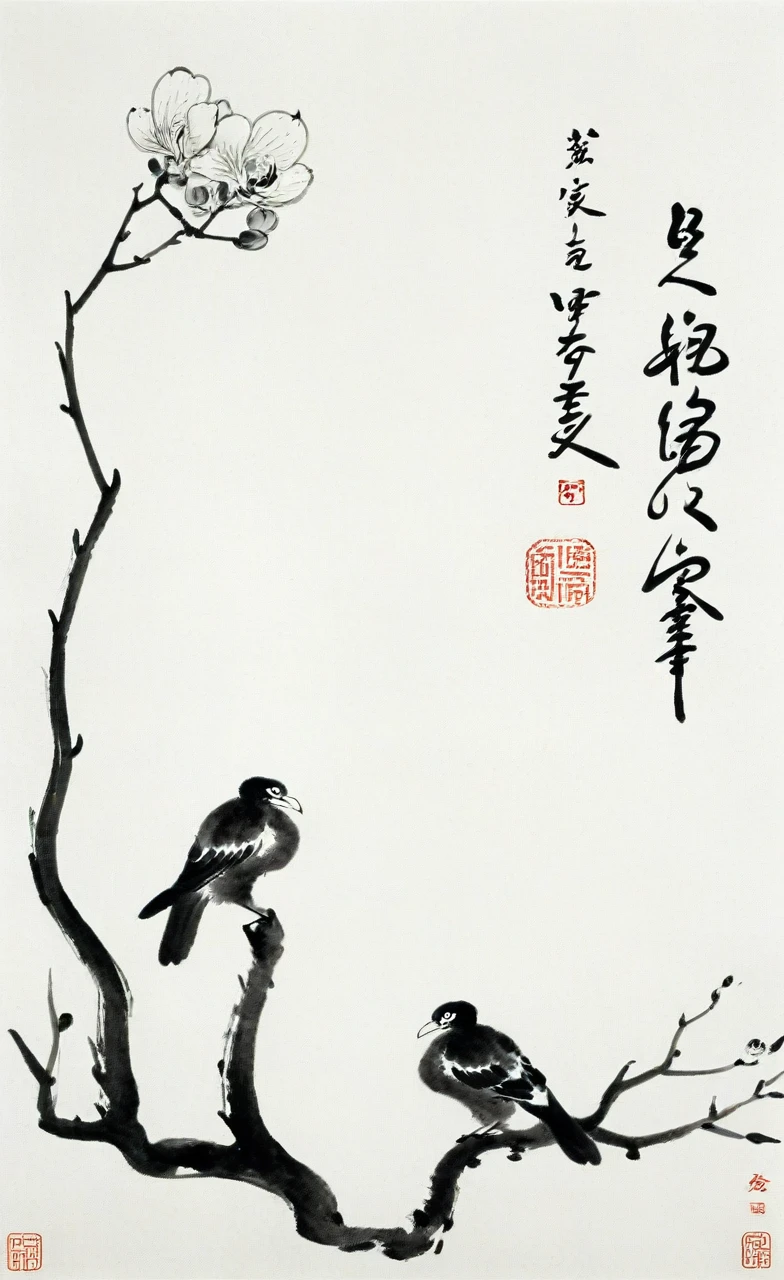 No humans,Branches,Two Birds,Chinese text,Tree,animal focus,animal,monochrome,traditional media,the art of chinese calligraphy,orchid,Brushstrokes,Traditional Arts,White background,Asian culture,Art stamp,Simplicity,black and white,calligraphy,Flora,Paper texture,Vertical composition,Chinese text,Ink Painting,traditional Chinese painting,
