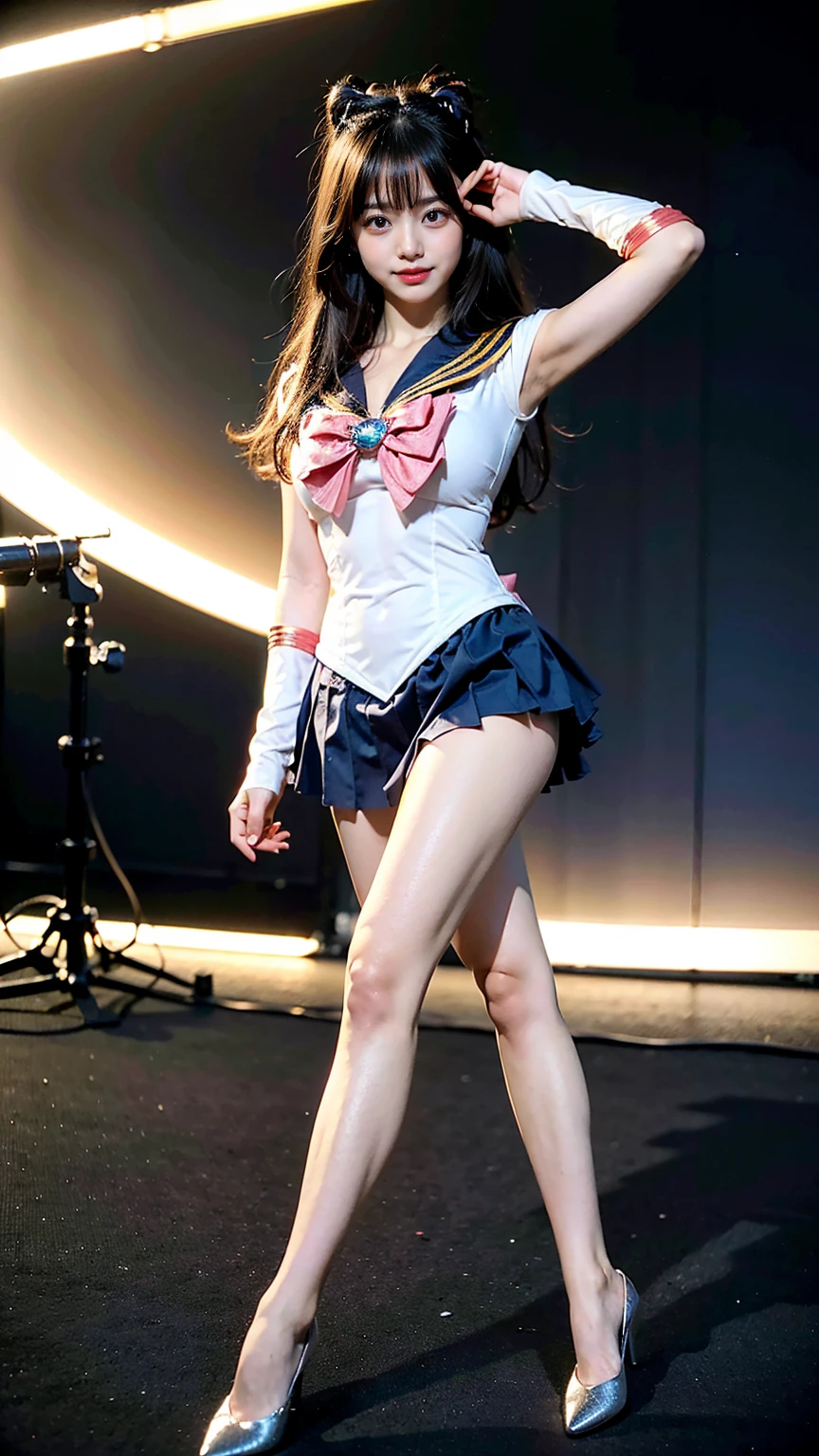 (8k、RAW Photos、Highest quality、masterpiece:1.2)、(Realistic、Realistic)、1 Girl、((Sailor Moon Costume:1.2、Thin legs、whole body、View from the front、smile、Looking into the camera))、cute