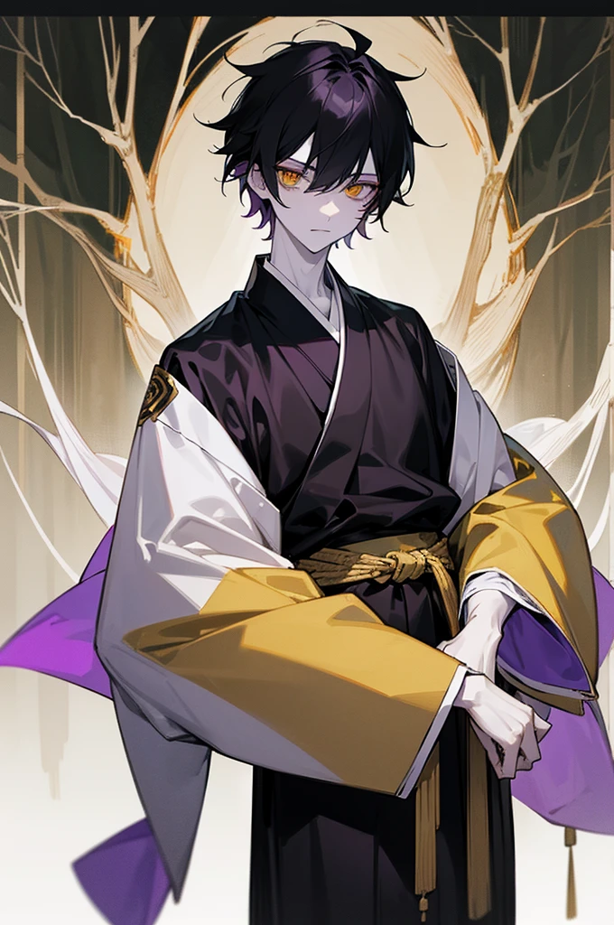 1male , black hair , gold eyes , messy hair , pale skin albino , white and black haori slightly short sleeves and long sleeves underneath , standing in forest background , facing viewer, somber expression ,Gojo Clothing , purple wrapped belt , lean build.