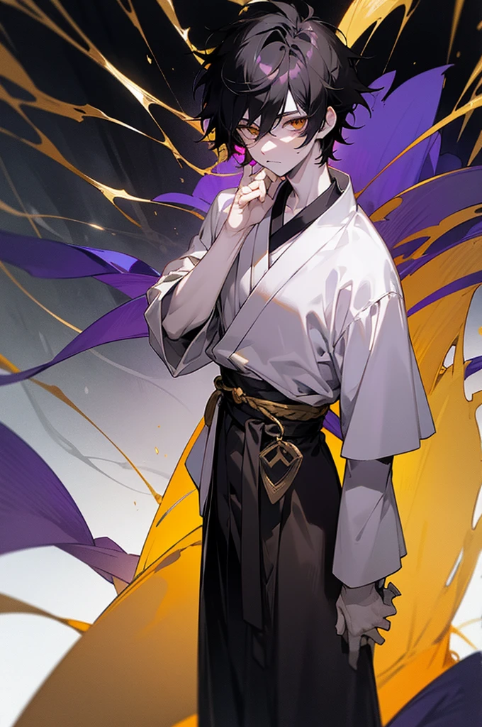 1male , black hair , gold eyes , messy hair , pale skin albino , white and black haori slightly short sleeves and long sleeves underneath , standing in forest background , facing viewer, somber expression ,Gojo Clothing , purple wrapped belt , lean build.