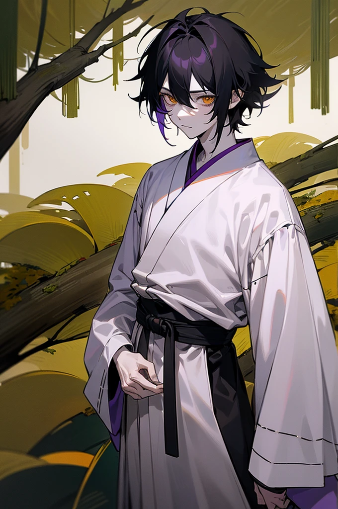 1male , black hair , gold eyes , messy hair , pale skin albino , white and black haori slightly short sleeves and long sleeves underneath , standing in forest background , facing viewer, somber expression ,Gojo Clothing , purple wrapped belt , lean build.