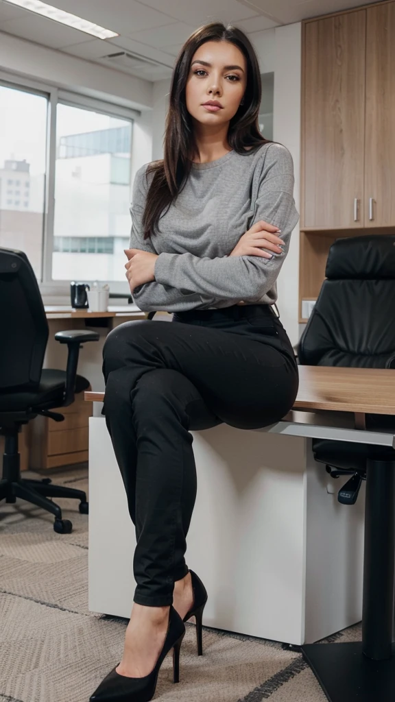 Brunette using a grey tight caffarena. straight black hair. black office pants. black stilettos. sitting, leg crossed. Instagram style photo, detailed face, UHD