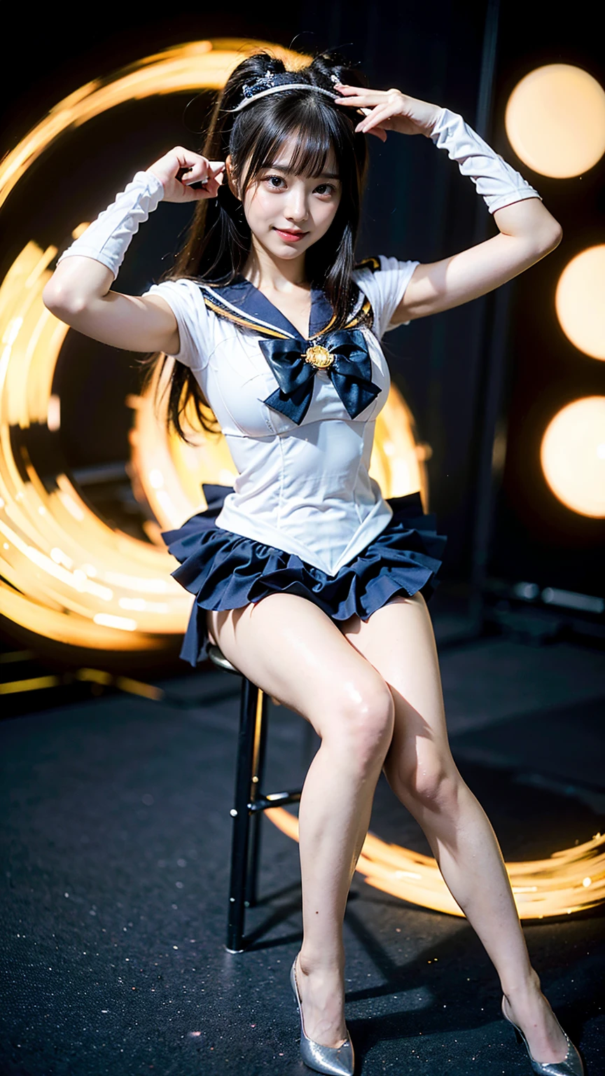 (8k、RAW Photos、Highest quality、masterpiece:1.2)、(Realistic、Realistic)、1 Girl、((Sailor Moon Costume:1.2、Thin legs、whole body、View from the front、smile、Looking into the camera))、cute