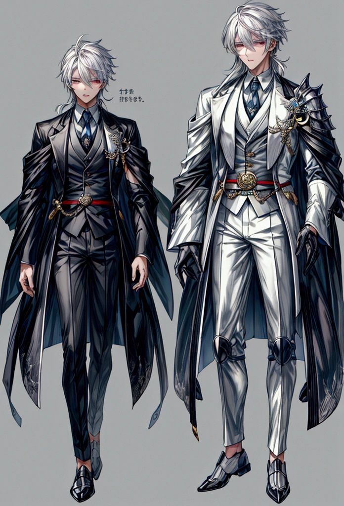 ((masterpiece, Highest quality)), male, maleの子, Detailed face, Character design sheet, Full Body, Full of details, Front view, Back view, Very detailed, depth, Many parts, Muscle maleの子 with white hair,Handsome, Scholar's outfit, 背の高いmale性、Grey suit