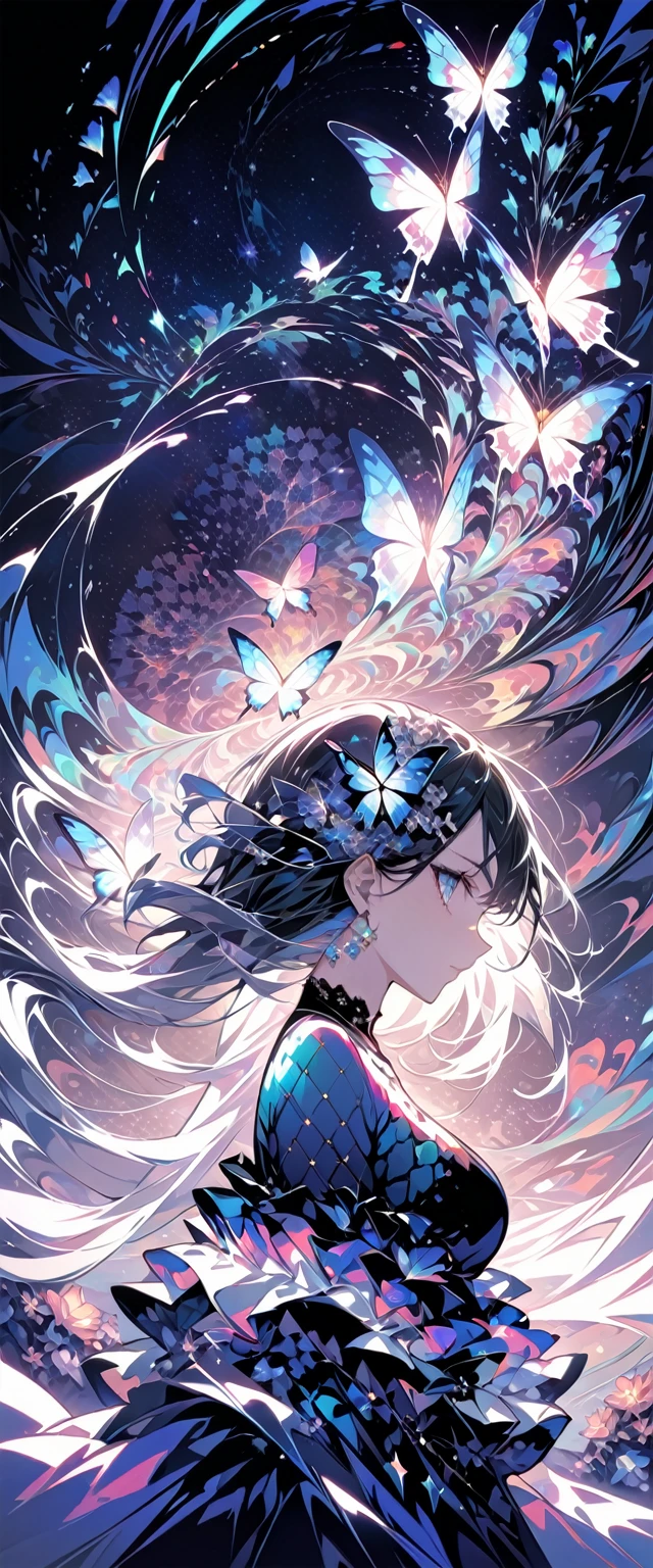 (masterpiece, Highest quality, Highest quality, Official Art, beautifully、aesthetic:1.2), (One girl),(Fractal Art:1.3),colorful,Upper Body, [jewelry],[flower],[[butterfly]],[wave]