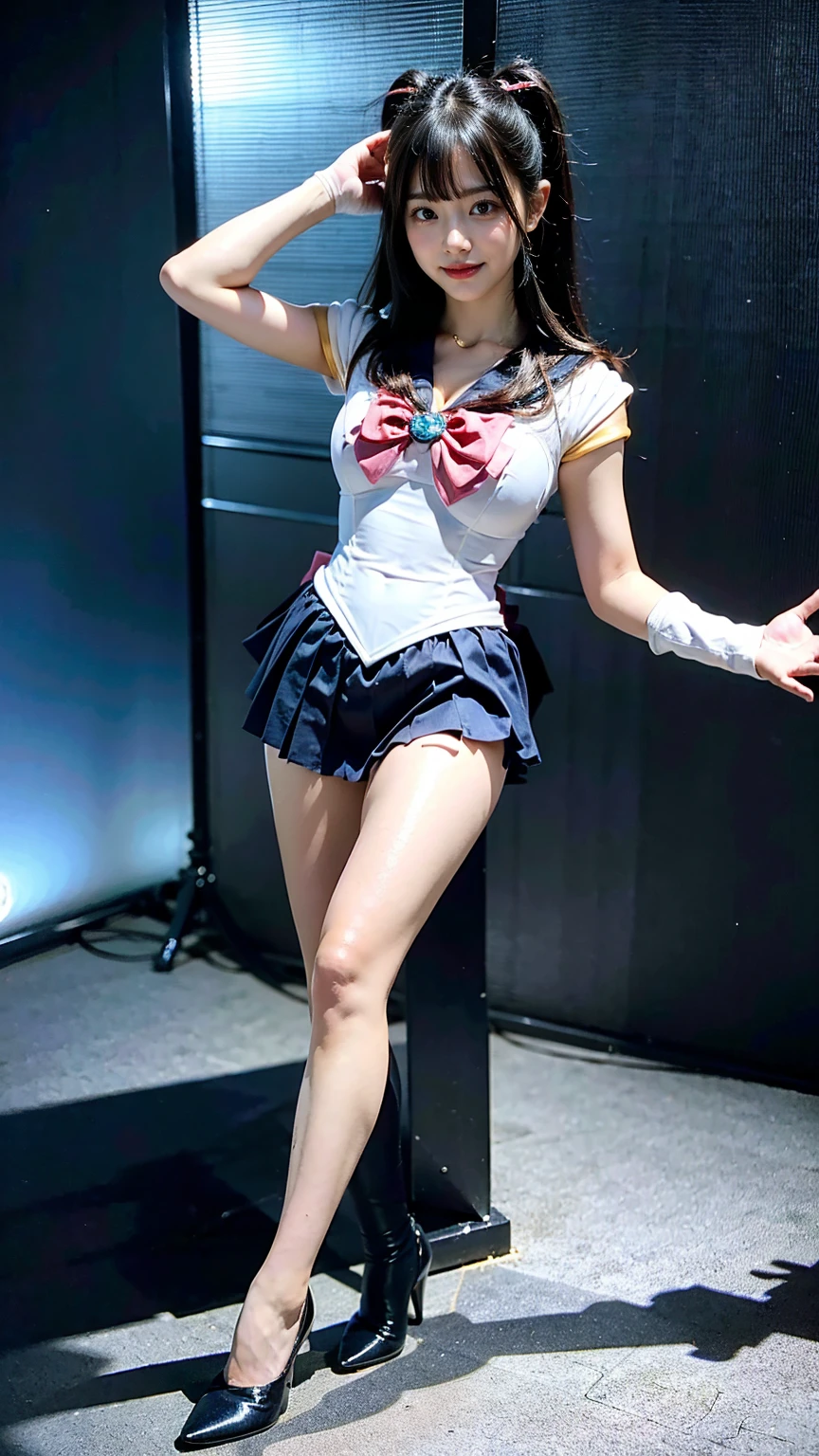 (8K、RAW Photos、Highest quality、masterpiece:1.2)、(Realistic、Realistic)、1 Girl、((Sailor Moon Costume:1.2、Thin legs、whole body、View from the front、smile、Looking into the camera、Hold your skirt with both hands and show me your black panties))、cute