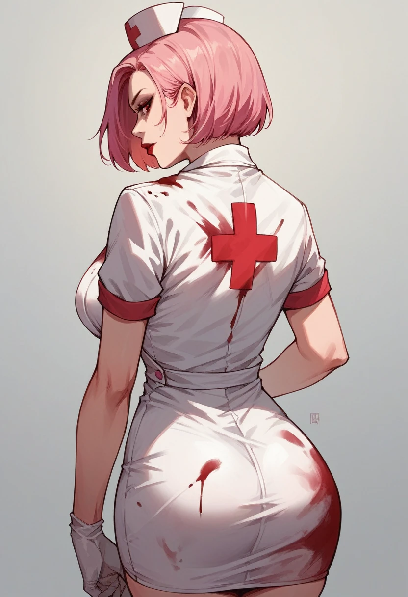 1girl, solo, makeup, red lipstick, pink hair, red eyes, bob haircut, pink nurse suit, blood on clothes, back view, ass