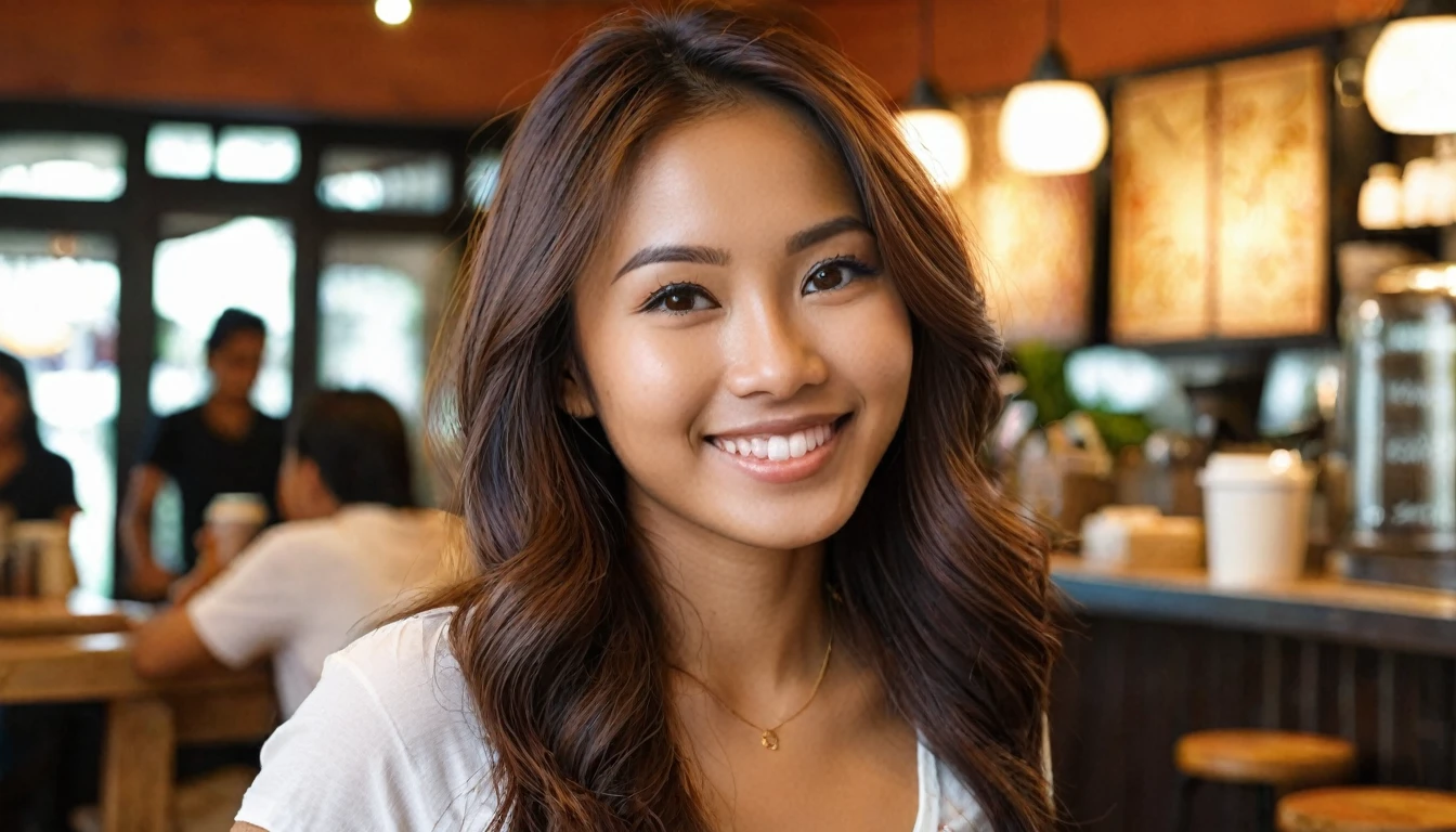 wide shot. Illustrate a photo-realistic image of a slender, Hispanic-Filipina woman, 27 years old, she has a flirtatious smile on her average-looking facial features. She has long, waist-length thick hair and tanned brown skin. :: she is standing in a coffee shop in the Philippines. She sports a small, casual skirt. :: captured with a photographic quality and bokeh effect using a 2.8 aperture depth of field. The image should vividly capture her facial expressions and hair details in a medium shot composition.
