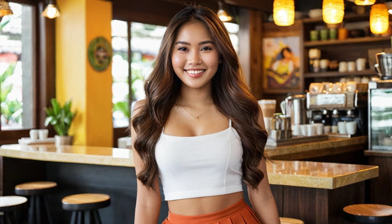 wide shot. Illustrate a photo-realistic image of a slender, Hispanic-Filipina woman, 27 years old, she has a flirtatious smile on her average-looking facial features. She has long, waist-length thick hair and tanned brown skin. :: she is standing in a coffee shop in the Philippines. She sports a small, casual skirt. :: captured with a photographic quality and bokeh effect using a 2.8 aperture depth of field. The image should vividly capture her facial expressions and hair details in a medium shot composition.