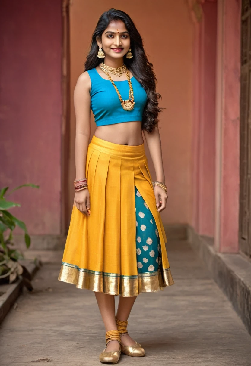 A modern, youthful twist on the divine siblings, Lakshmi and Kubera, with Lakshmi, the Indian goddess of wealth and prosperity, adopting a trendy school girl look. She's dressed in a vibrant crop top that exposes her toned midriff, adorned with intricate gold detailing reminiscent of her traditional attire. Her lower half is covered by a matching mini skirt, with thigh-high socks that feature playful motifs of coins and lotus flowers—symbols of her divine essence. On her feet are a pair of stylish yet comfortable school shoes, suitable for a day of learning and adventure. Lakshmi's signature jewelry, including her gold necklace and earrings, sparkle as they catch the light, hinting at her heavenly origin.