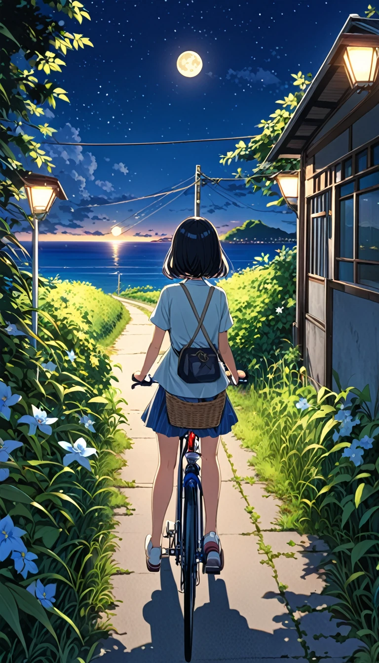 Highest quality、detailed、For more information、beautifully、Anime Scenery、summer、countryside、Long concrete road、A little overgrown grass、electric wire、electric wire、重なったelectric wire、night、star、star、moon、You can see the sea in the background、beautiful海、A girl is riding a bicycle alone、The girl has black hair_short hair、Aloha short sleeve、Back view、can&#39;I can&#39;t see your face、speed、Emotional、Attractive landscape painting、bright、beautiful、Neon signs in the town