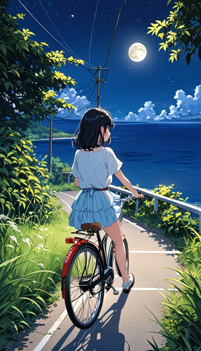 Highest quality、detailed、For more information、beautifully、Anime Scenery、summer、countryside、Long concrete road、A little overgrown grass、electric wire、electric wire、重なったelectric wire、night、star、star、moon、You can see the sea in the background、beautiful海、A girl is riding a bicycle alone、The girl has black hair_short hair、Aloha short sleeve、Back view、can'I can't see your face、speed、Emotional、Attractive landscape painting、bright、beautiful、Neon signs in the town