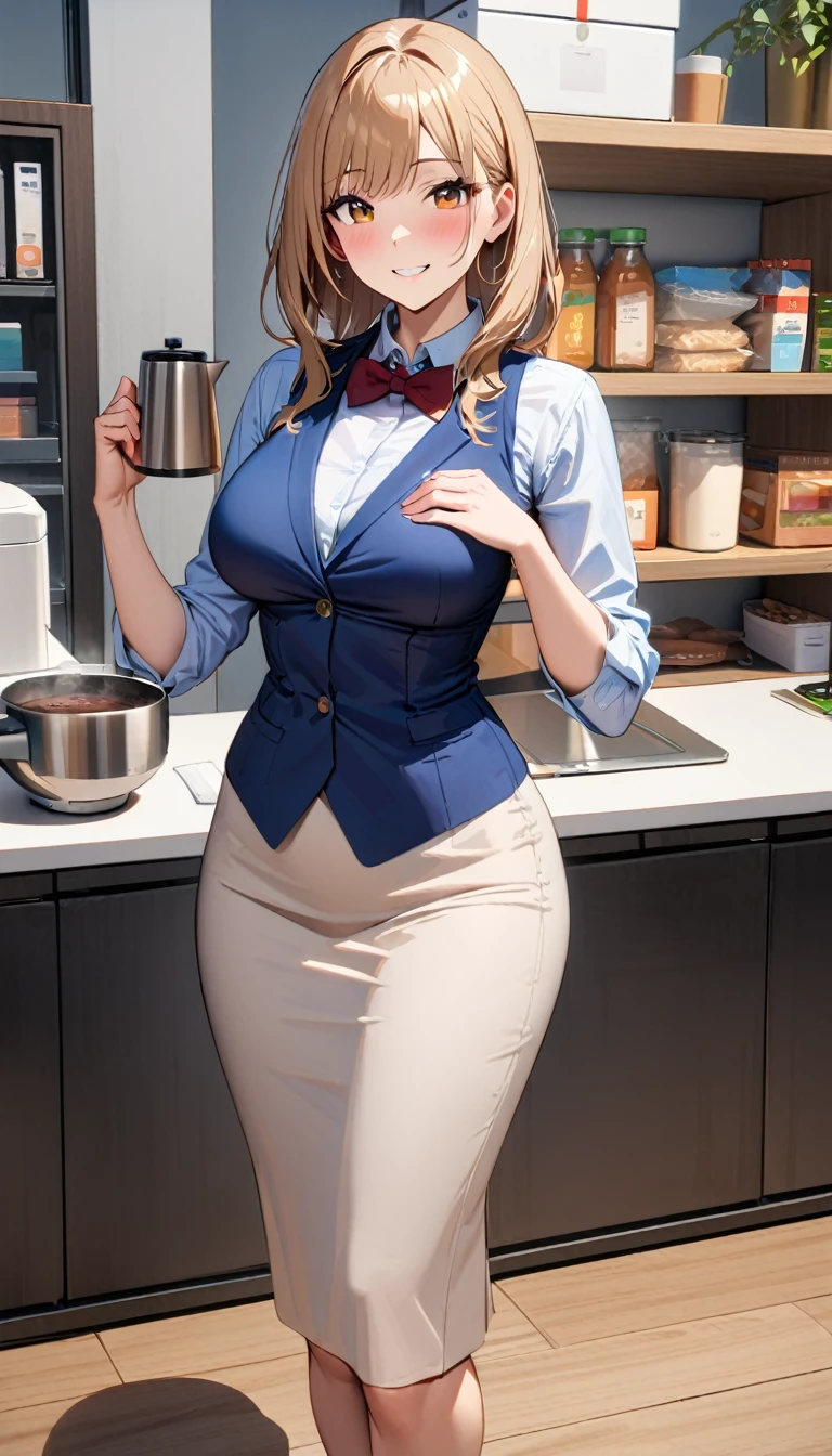 1 Woman Standing, office worker, ((Blue Vest) Over a white dress shirt), Narrow skirt, Mature Woman, /(Beige brown hair/), A gentle blushing smile, Bow tie break (Have a coffee kettle) Handheld brake (Modern Office) indoor, pantry, Detailed Background, modern, Verism, masterpiece, textured skin, super detail, best quality, 4K