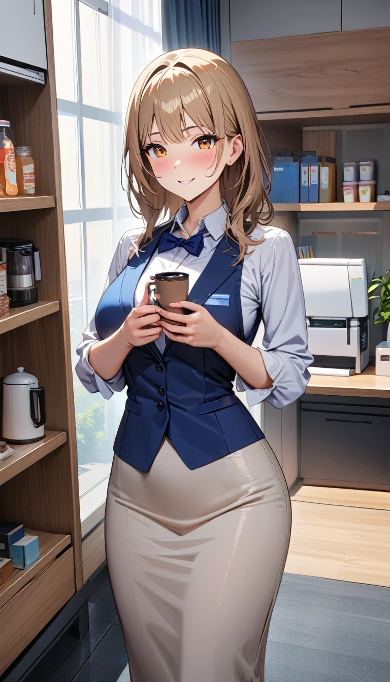 1 Woman Standing, office worker, ((Blue Vest) Over a white dress shirt), Narrow skirt, Mature Woman, /(Beige brown hair/), A gentle blushing smile, Bow tie break (Have a coffee kettle) Handheld brake (Modern Office) indoor, pantry, Detailed Background, modern, Verism, masterpiece, textured skin, super detail, best quality, 4K