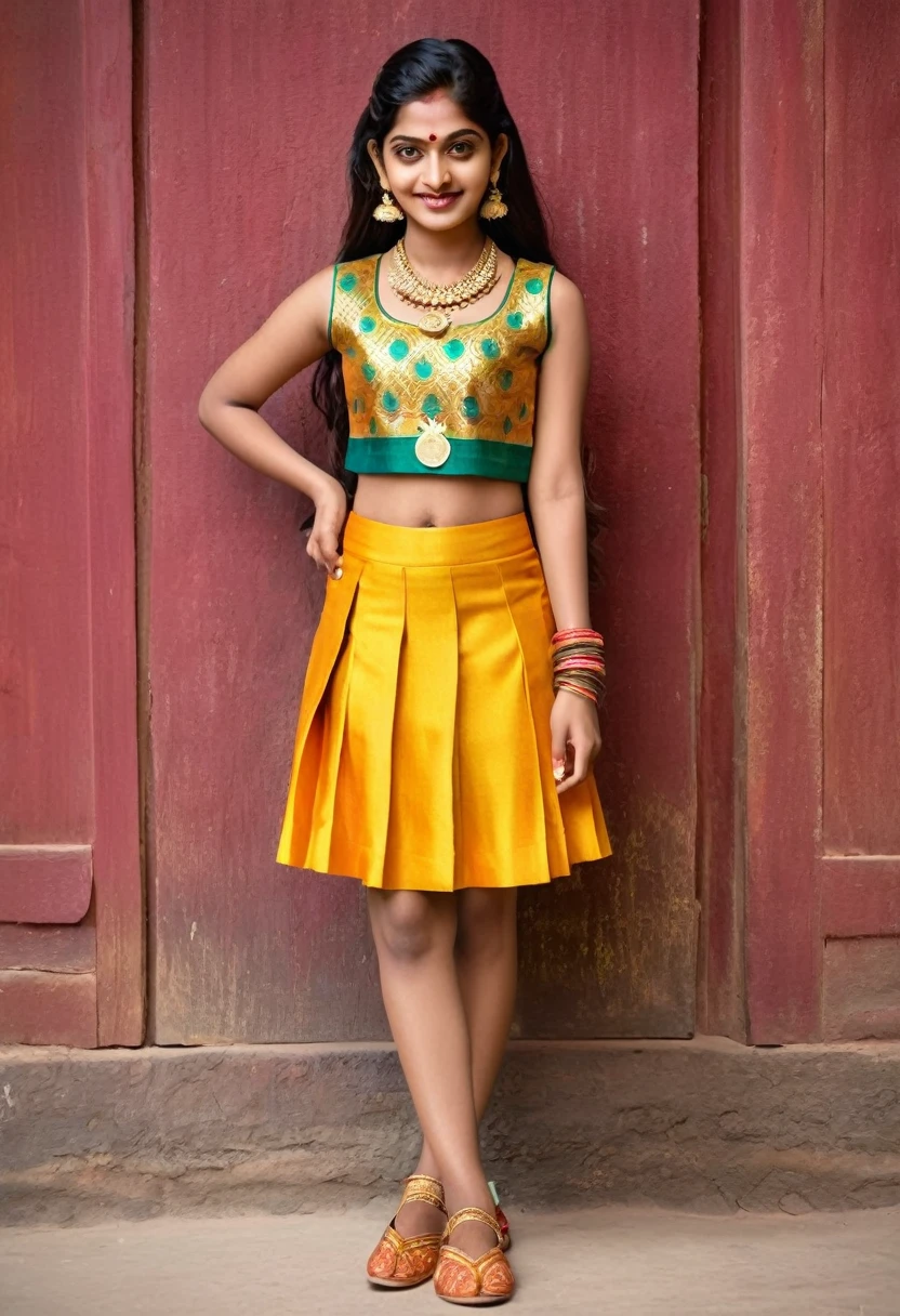 A modern, youthful twist on the divine siblings, Lakshmi and Kubera, with Lakshmi, the Indian goddess of wealth and prosperity, adopting a trendy school girl look. She's dressed in a vibrant crop top that exposes her toned midriff, adorned with intricate gold detailing reminiscent of her traditional attire. Her lower half is covered by a matching mini skirt, with thigh-high socks that feature playful motifs of coins and lotus flowers—symbols of her divine essence. On her feet are a pair of stylish yet comfortable school shoes, suitable for a day of learning and adventure. Lakshmi's signature jewelry, including her gold necklace and earrings, sparkle as they catch the light, hinting at her heavenly origin.