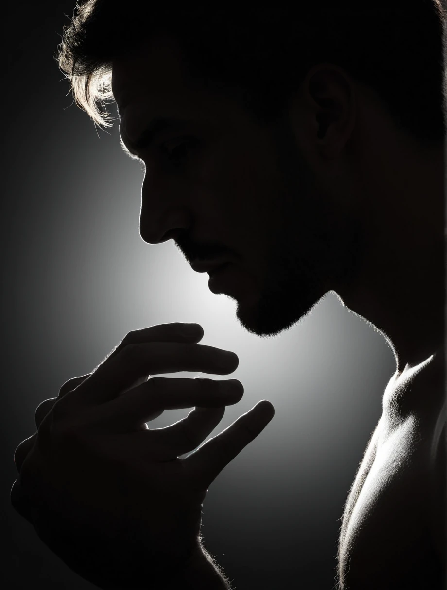 Man thinking silhouette, hand on his chick, close up professional photograph,