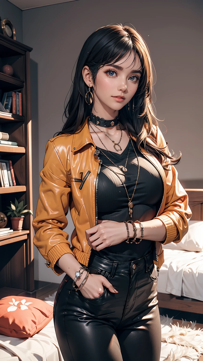 mouth, One girl, alone, In a messy room, guitar, 、Spiked Collar、24 year old Caucasian female、Sexy proportions、Punk rock fashion、Black Shirt、Leather jacket、Leather leggings、Flashy makeup、long hair、rosary necklace、rosary earrings、Put a spiked bracelet on your wrist