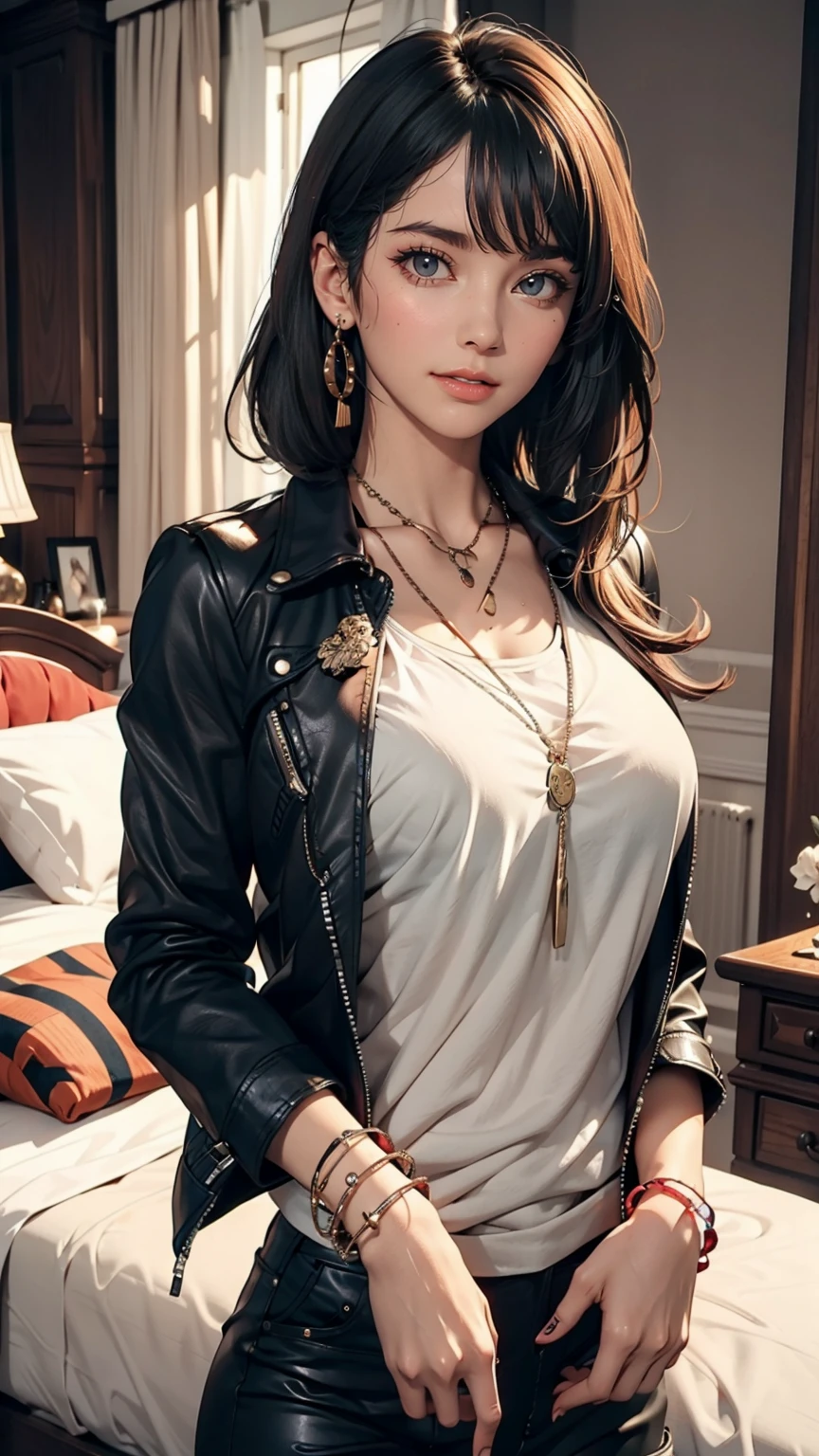 mouth, One girl, alone, In a messy room, guitar, 、Spiked Collar、24 year old Caucasian female、Sexy proportions、Punk rock fashion、Black Shirt、Leather jacket、Leather leggings、Flashy makeup、long hair、rosary necklace、rosary earrings、Put a spiked bracelet on your wrist