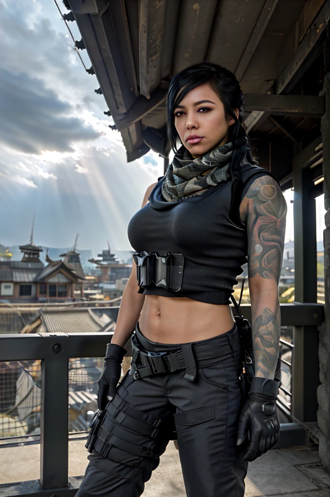 (masterpiece, best quality:1.2),  mara (call of duty), 1girl, solo, black hair, gloves, scarf, tattoo, military, breasts, holster, pants, load bearing vest, umbrella, cloud, sky, sunlight, light rays, architecture, outdoors, sunbeam, cloudy sky, east asian architecture, day, blurry, scenery, torii