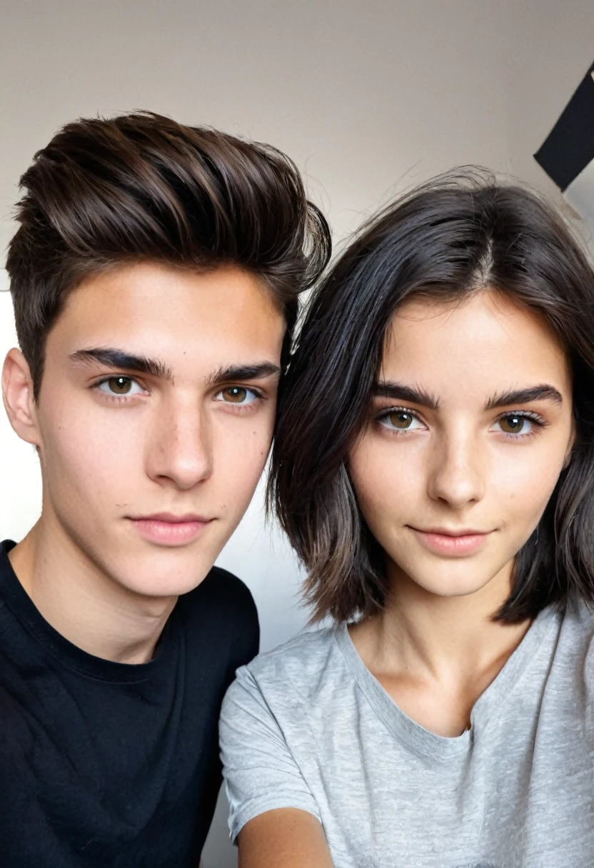 Une photo selfie d'une jeune homme de 19 ans en cheveux court noir avec sa copine de 19 ans en cheveux long brune. Ils ont dans un bureau