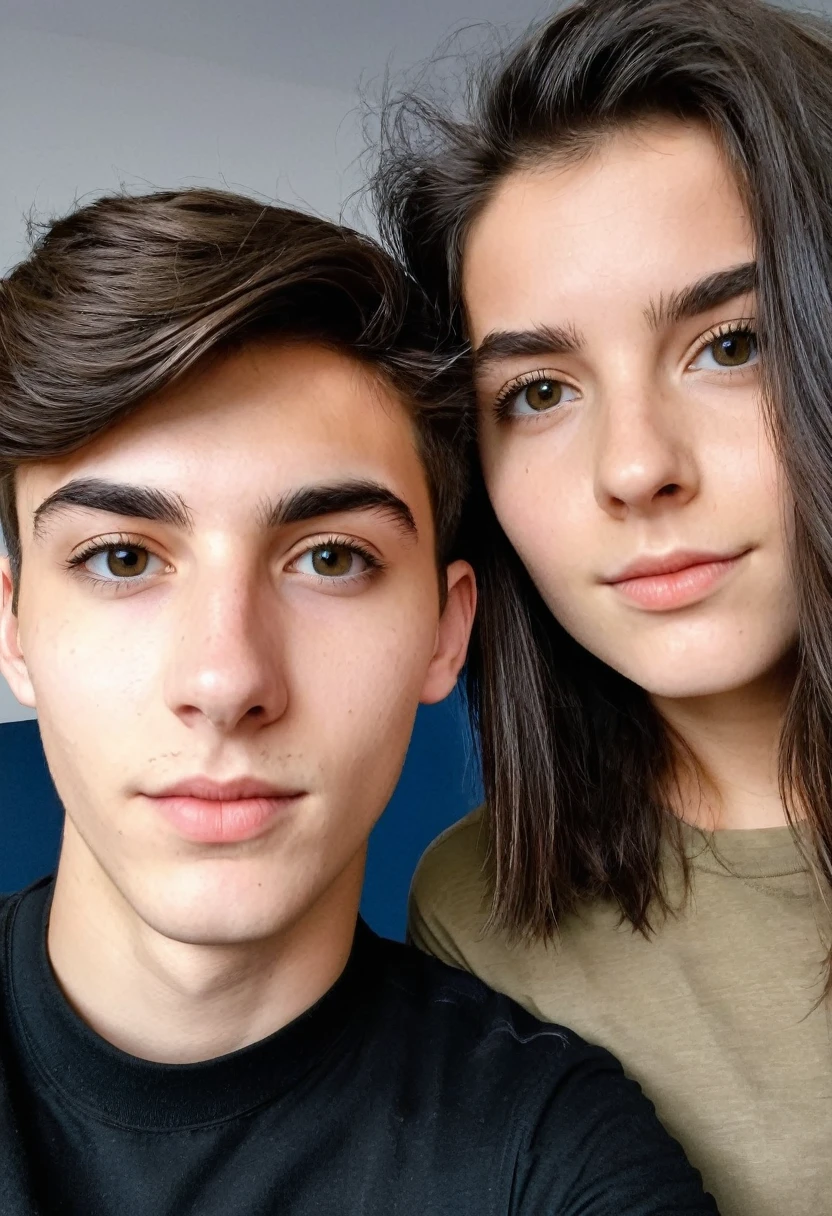 Une photo selfie d'une jeune homme de 19 ans en cheveux court noir avec sa copine de 19 ans en cheveux long brune. Ils ont dans un bureau