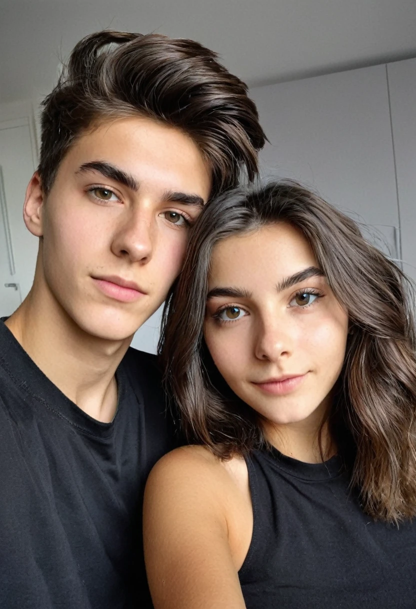 a woman and a 17-year-old man, mellizos, altos, slim fit, ojos color avellana, Light brown skin, cara redonda, cabello negro y liso,