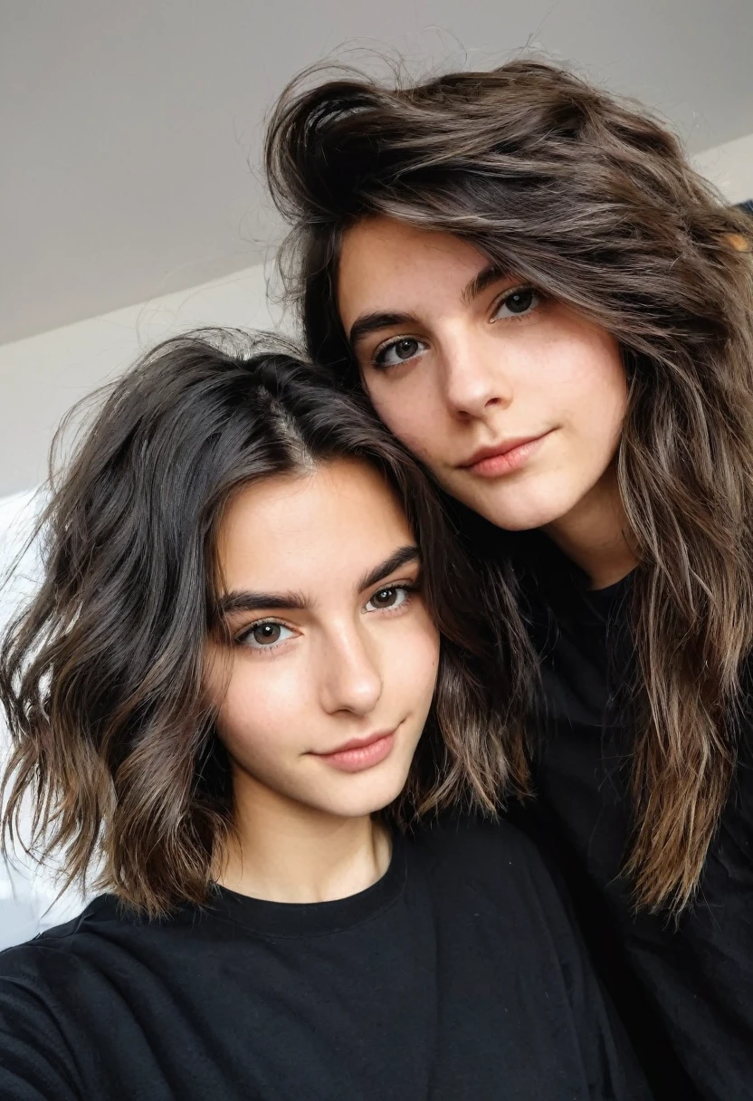 Une photo selfie d'une jeune homme de 19 ans en cheveux court noir avec sa  copine de 19 ans en cheveux long brune. Ils ont dans un bureau
