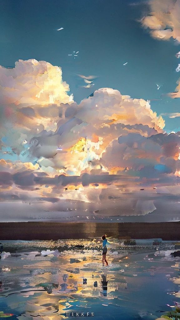 Thundercloud、Mountain、Quiet Lake、1girl、Looking at the back of the screen、Wearing a white dress、Feet are immersed in water、masterpiece、Improvement of quality、Splash、Detailing、