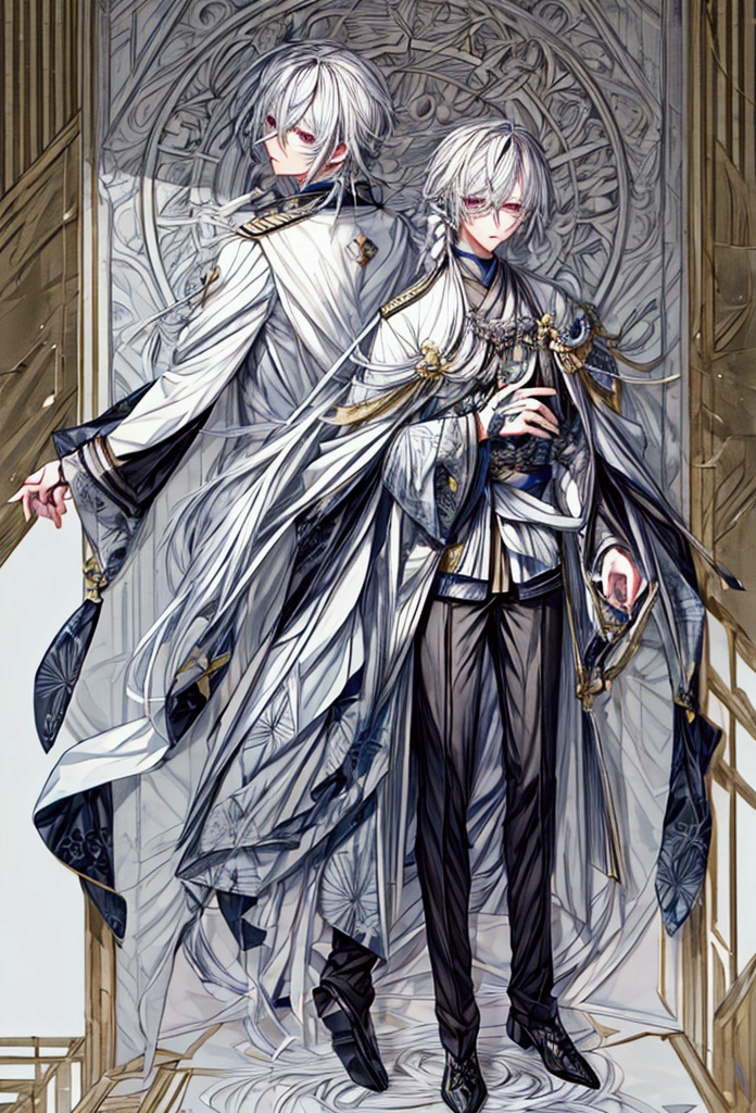 ((masterpiece, Highest quality)), male, maleの子, Detailed face, Character design sheet， Full Body, Full of details, Front view, Back view, Very detailed, depth, Many parts, Muscle maleの子 with white hair，Handsome, Scholar&#39;s outfit, 背の高いmale性、Grey suit