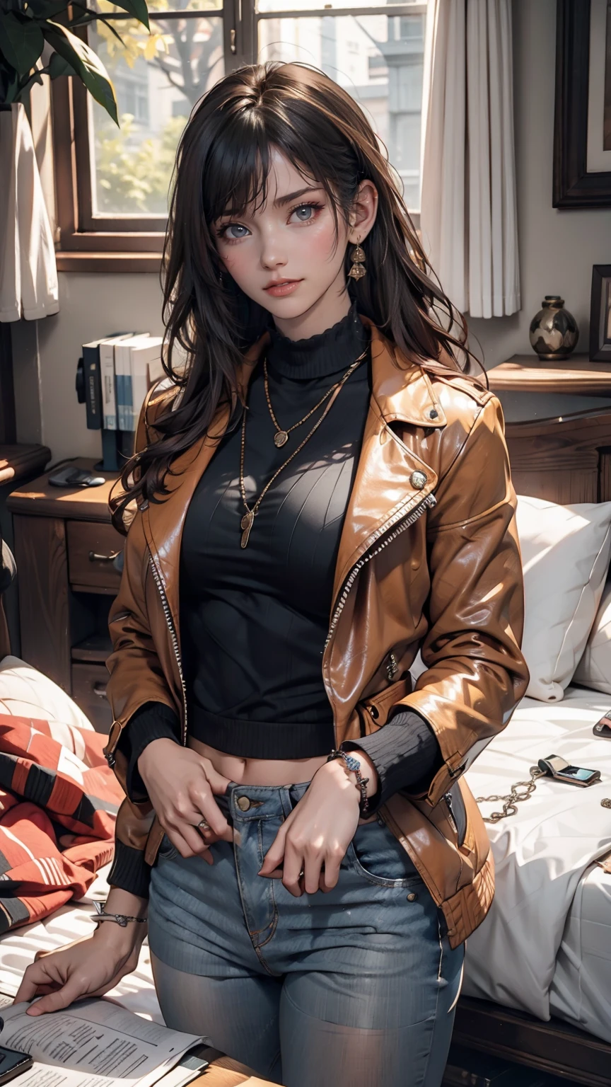 mouth, One girl, alone, In a messy room, guitar, 、Spiked Collar、24 year old Caucasian female、Sexy proportions、Punk rock fashion、Black Shirt、Leather jacket、Leather leggings、Flashy makeup、long hair、rosary necklace、rosary earrings、Put a spiked bracelet on your wrist