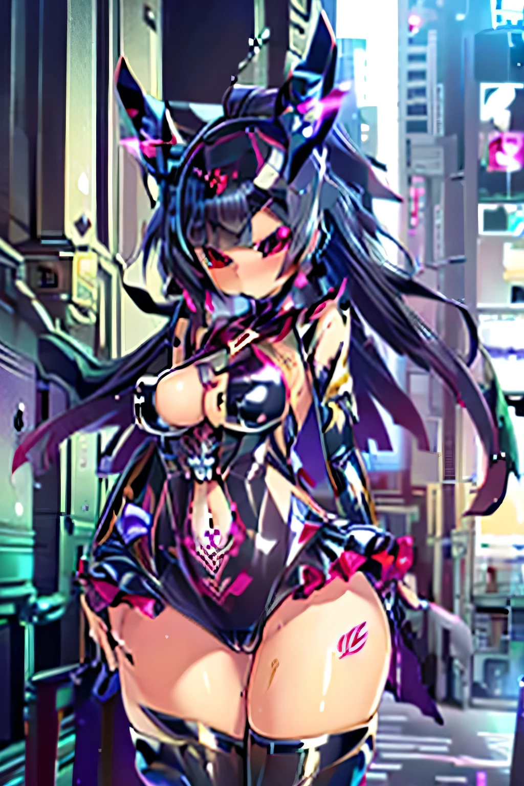 ((masterpiece)), ((best quality)), (ultra-detailed), ((sexy)), (ero)2, extremely detailed game CG, city, town, a , , solo, maid, beautiful black hair, beautiful red eyes, ((beautiful eyes)), white-skinned, buttocks, large breast, light smile, Corruption, cyberhelmet,