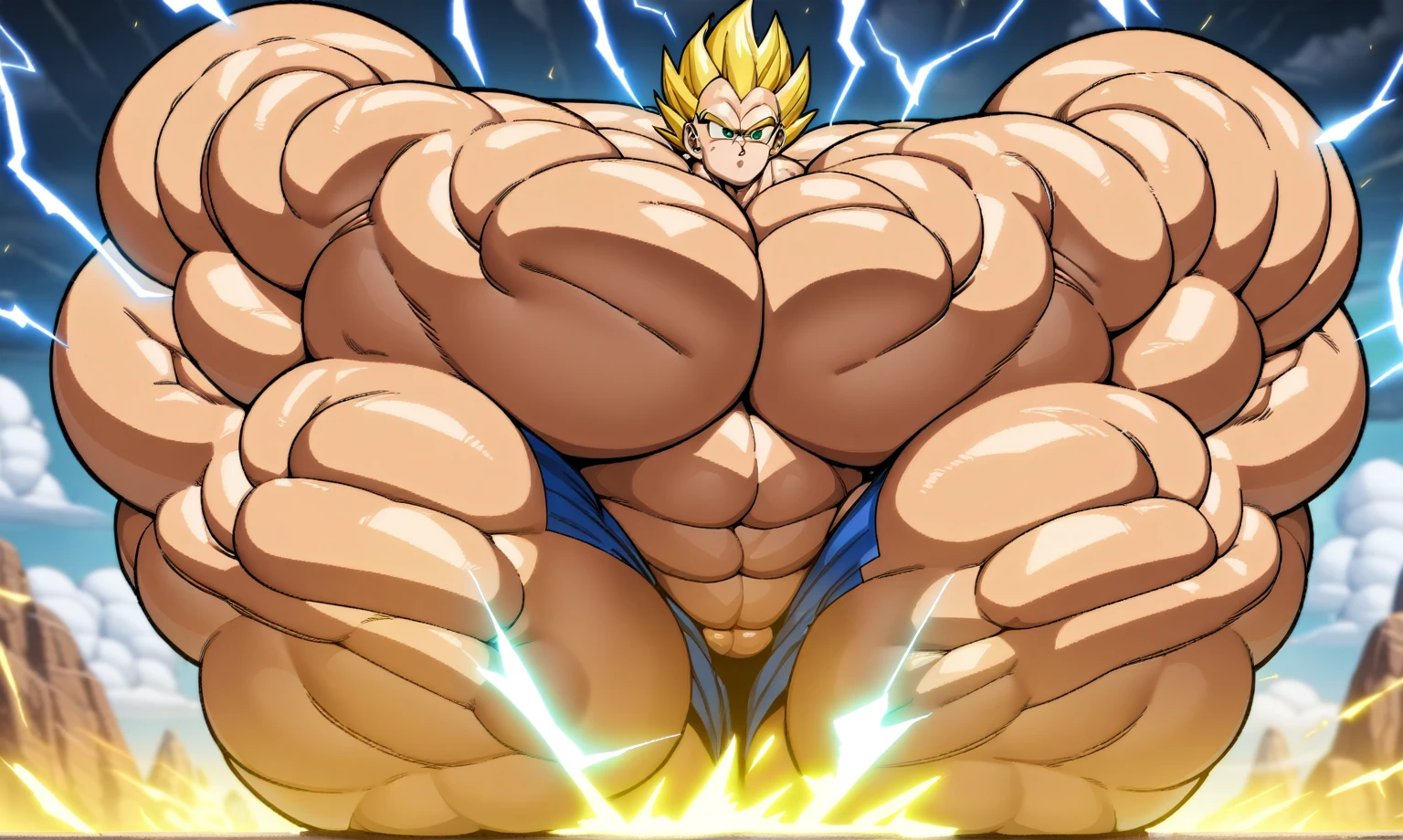 1boy, Vegeta, from Dragon Ball Z, masterpiece, best quality, very aesthetic, absurdres, saiyan, green eyes, spiked hair, (yellow hair:1.5), shirtless, blue skintight pants, white gloves, (huge muscles:3), dragonballartstyle, in the style of Akira Toriyama, white tiled floor, outdoors, flat-top mountains, nipples, yellow aura, electricity, (huge biceps:2.5), (round biceps:2.5)