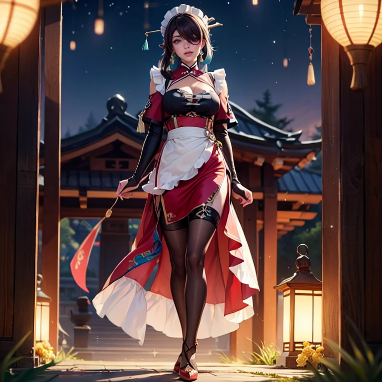 Beidou_(genshin impact), 1girl, ornament hair, perfectly body, perfectly hands, wave hair, brown hair, long hair, maid, maid dress, maid headdress, maid apron, garden, temple, shrine, outside, Chinese festival scenery, gold lantern, Chinese lantern, fireworks, red dress, more details on her clothes, golden details, night, smiling, cute face, Best quality, cleavage, skirt, full Body, solo, alone
