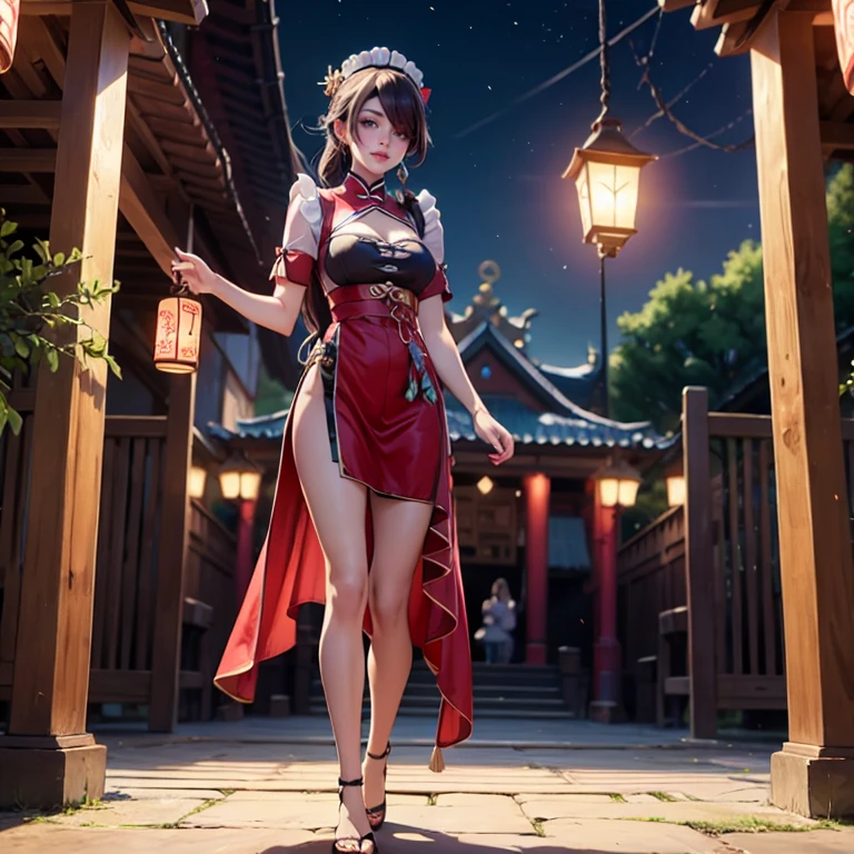 Beidou_(genshin impact), 1girl, ornament hair, perfectly body, perfectly hands, wave hair, brown hair, long hair, maid, maid dress, maid headdress, maid apron, garden, temple, shrine, outside, Chinese festival scenery, gold lantern, Chinese lantern, fireworks, red dress, more details on her clothes, golden details, night, smiling, cute face, Best quality, cleavage, skirt, full Body, solo, alone