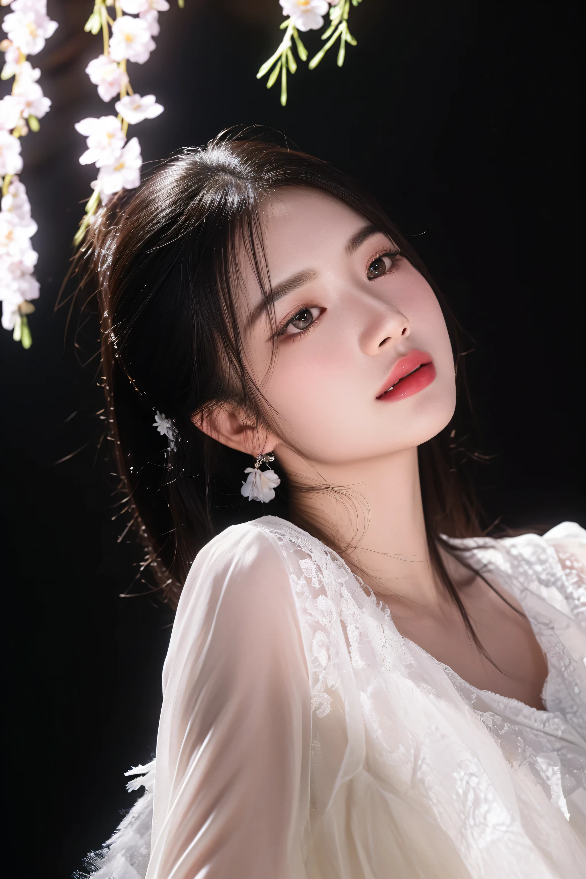 araffe woman in a white dress posing under a tree with flowers, soft portrait shot 8 k, inspired by Huang Ji, xintong chen, ethereal lighting - h 0, captured on canon eos r 6, ethereal beauty, yun ling, sha xi, close - up studio photo, inspired by Tang Yifen, hwang se - on, lovely delicate face