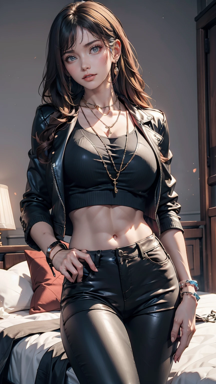 mouth, One girl, alone, In a messy room, guitar, 、Spiked Collar、24 year old Caucasian female、Sexy proportions、Punk rock fashion、Black Shirt、Leather jacket、Leather leggings、Flashy makeup、long hair、rosary necklace、rosary earrings、Put a spiked bracelet on your wrist