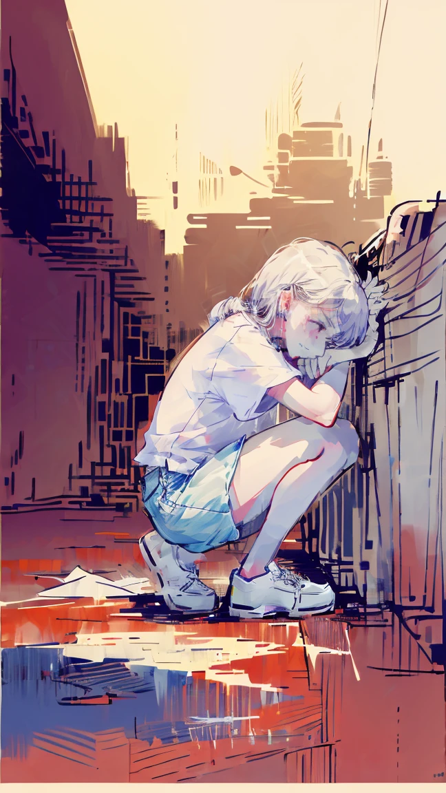 watercolor,girl,One person,White T-shirt,Messy room,crouch,cry,sad,high resolution,