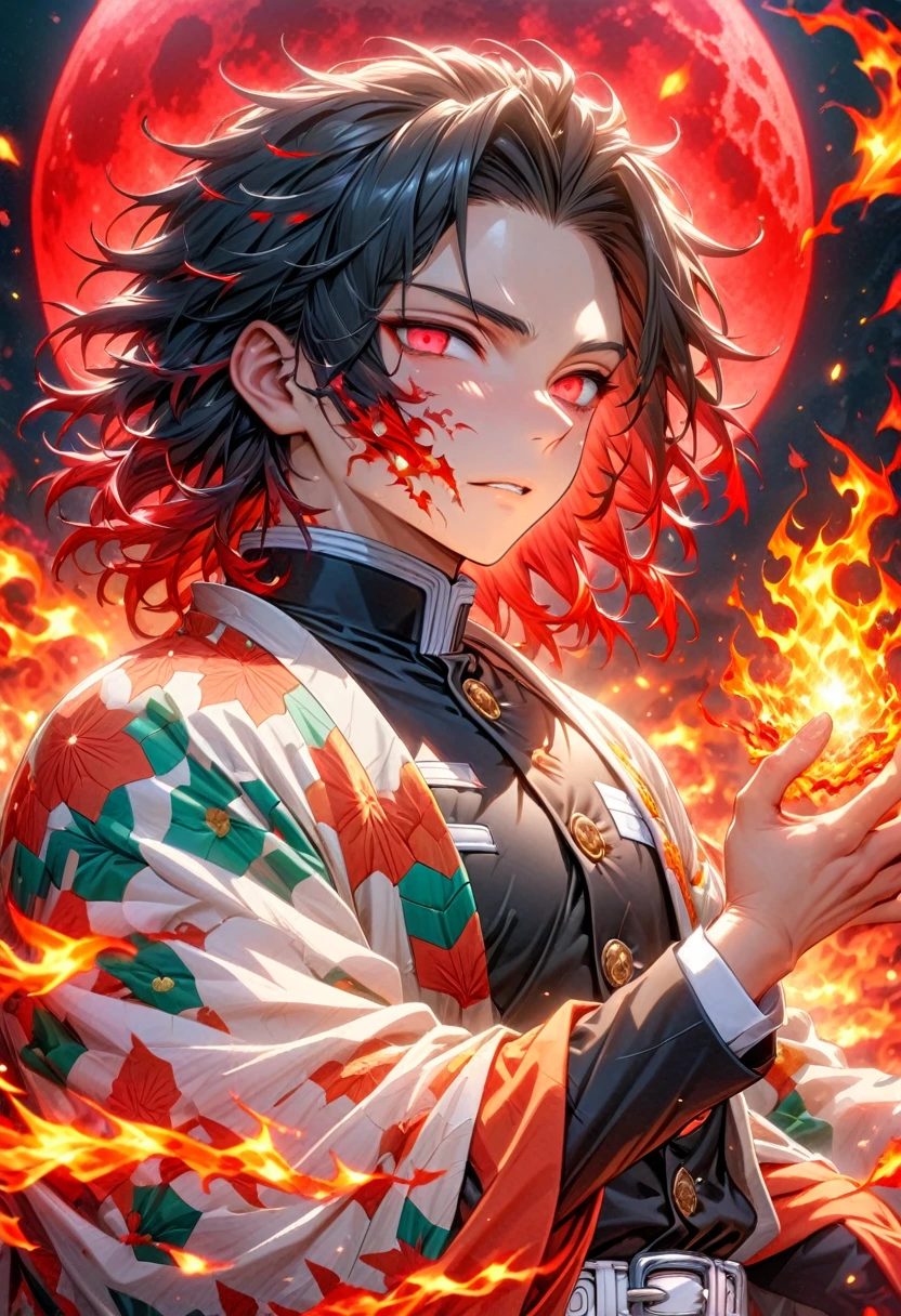 Ultra detailed, highres, absurdres, HDR, master piece, male demon slayer, medium length black hair, expressive red eyes, white haori with patters of flames, black demon slayer uniform, Kimetsu No Yaiba, fantasy, handsome, sexy man, solo, magic, shining red fireflies, best quality, extremely detailed face and eyes, fire, red moon
